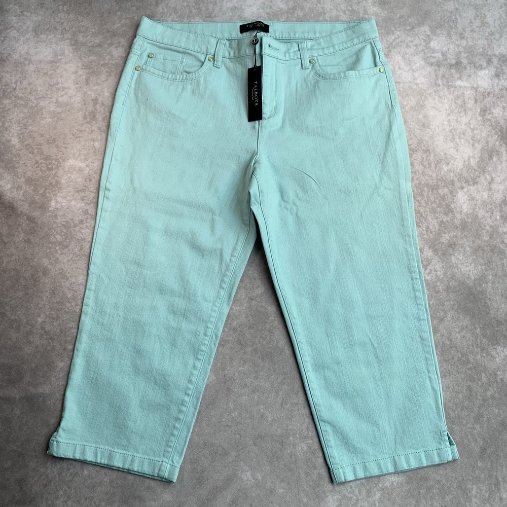 Talbots Petites Capri Pants Women's 14P Aqua Blue Denim Cropped NWT